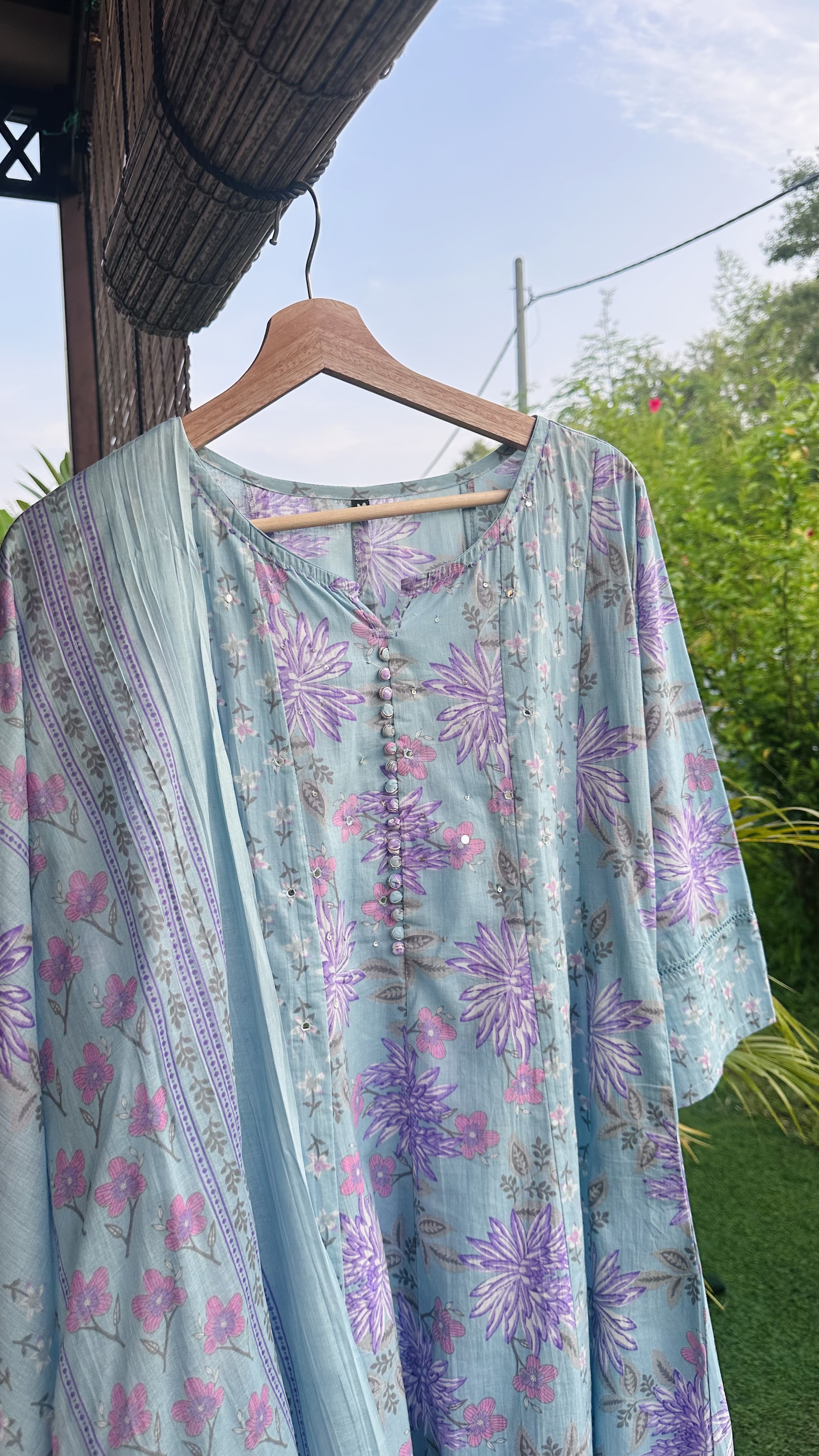 Blue Purple flower Anarkali Kurta Set