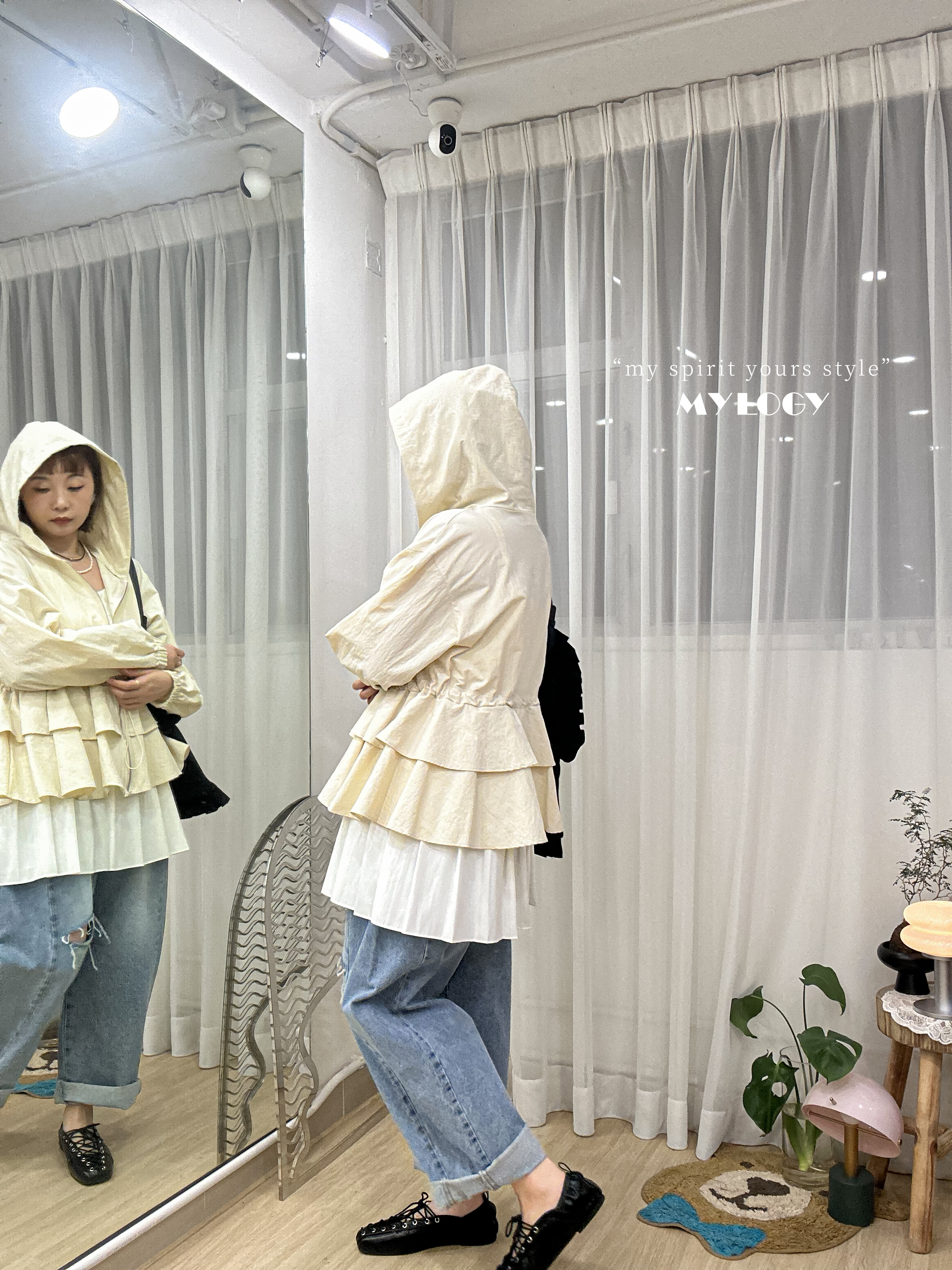 非典型少甜～束腰索繩Double Ruffle連帽風衣 J0002 - 白色 Ivory