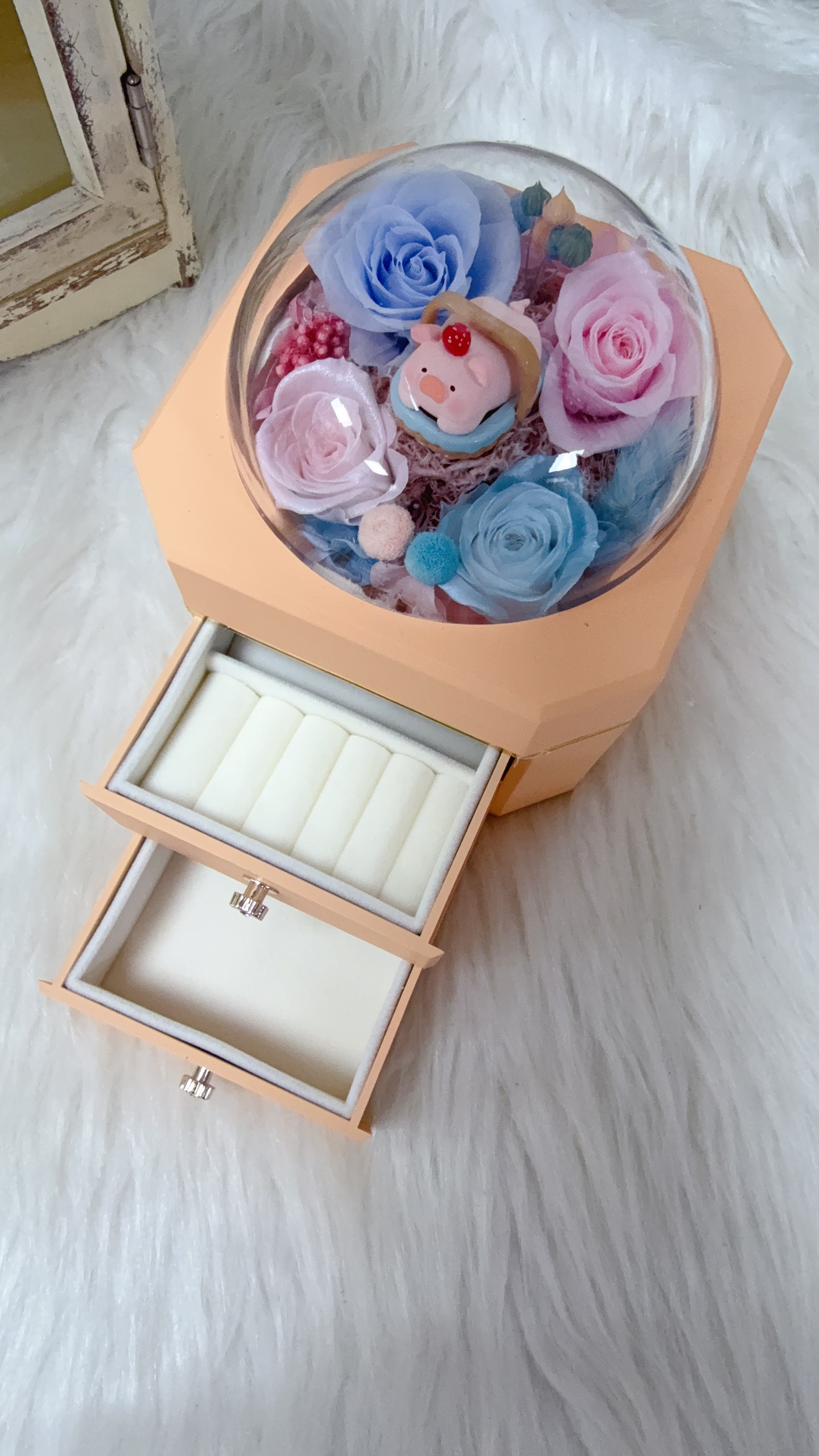 Lulu豬野餐款粉紅藍色永生花飾物盒
