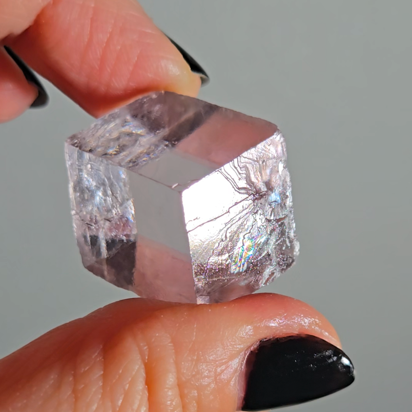Purple calcite cube with rainbows - PC2