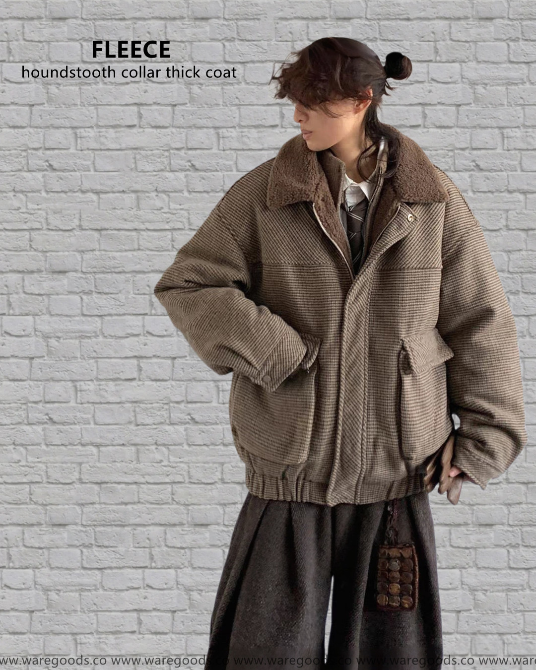 W031千鳥格翻領加厚外套