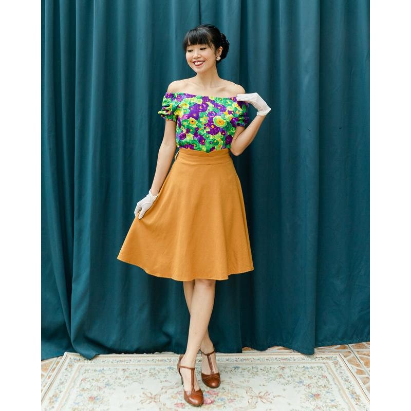 C.a. 1960s Violet & Green Floral Pattern Handmade Two Way Top from Canada(MT1514)