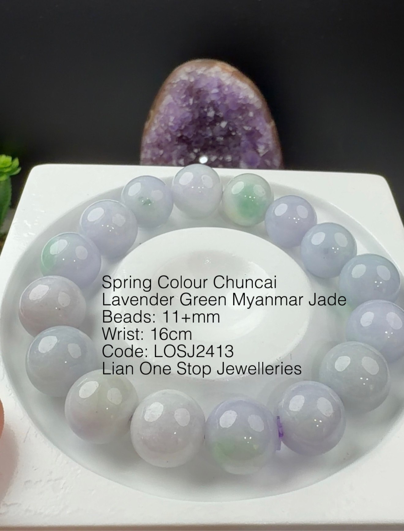Code: LOSJ2413 Spring Colour Chuncai Lavender Green Myanmar Jade 11+mm