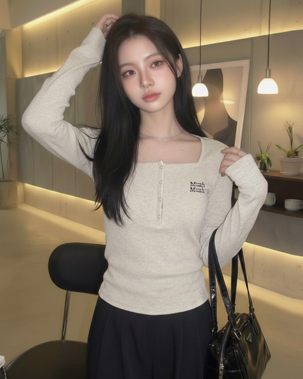 MuahMuah SQAURE HENLEY NECK STITCH T-SHIRT
