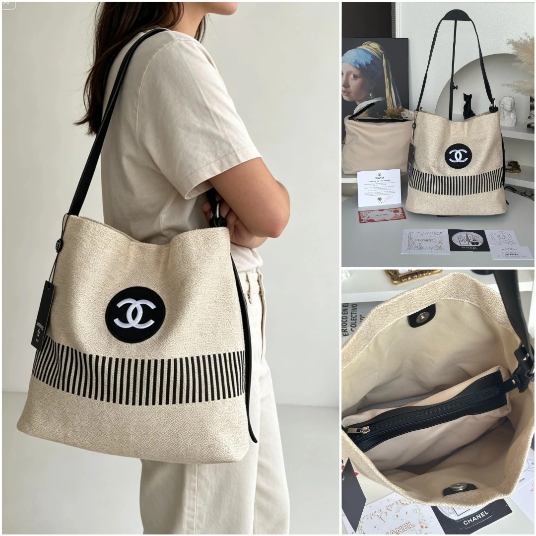 Chanel VIP亞麻條紋Hobo水桶二件套