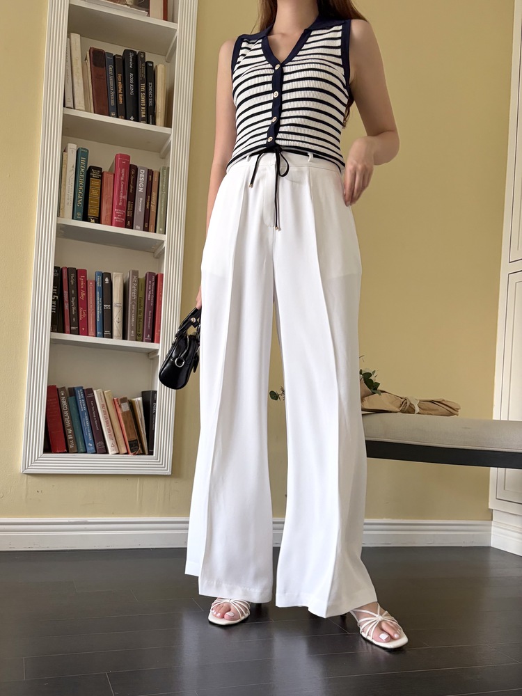 [超涼!!] Contrast Belt Wide Leg Slacks (White)