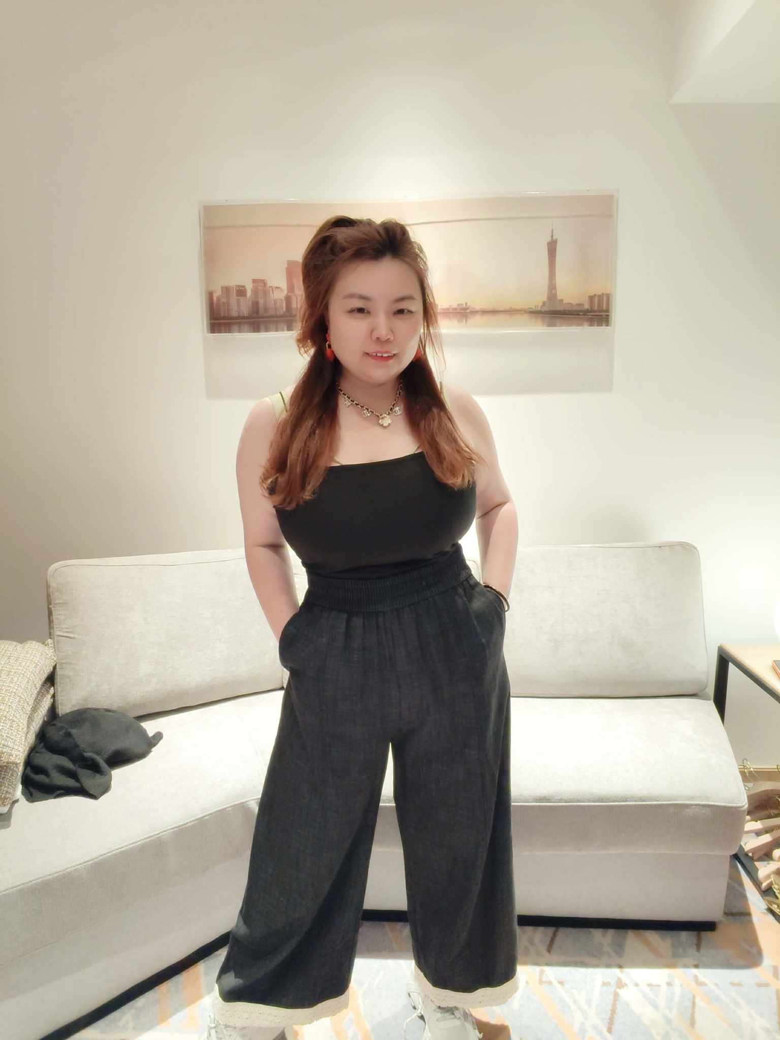 YCH10 1651 大码拼色裤脚阔脚裤长裤