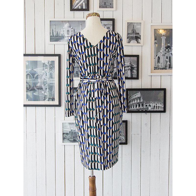 (Sold out)Bold Art Deco Inspired Pattern Knitted Wrap Dress (FM051)