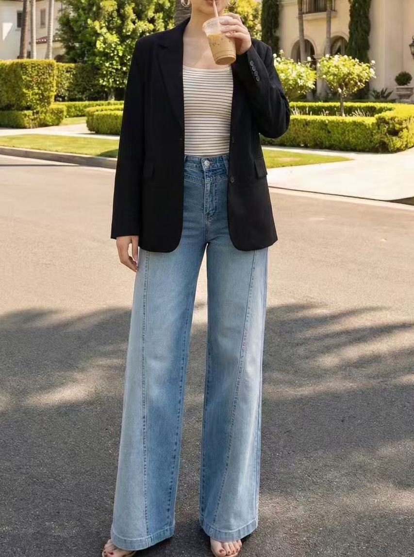 深淺拼色闊筒牛仔褲