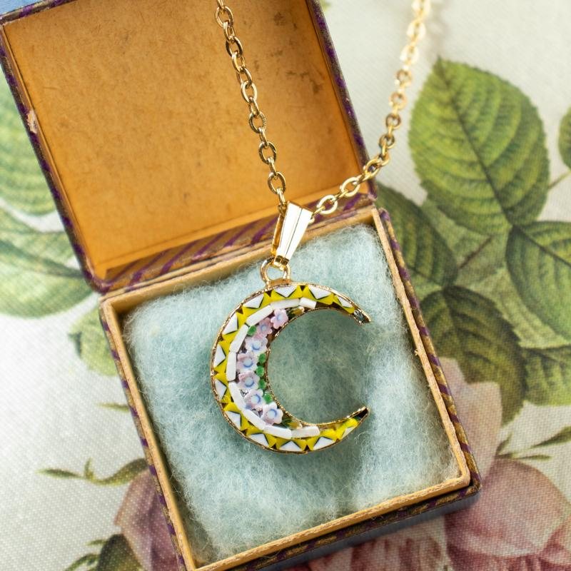 Modern Italian Mosaic Romantic Floral Moon Shape Pendant Necklace(ITMA50)