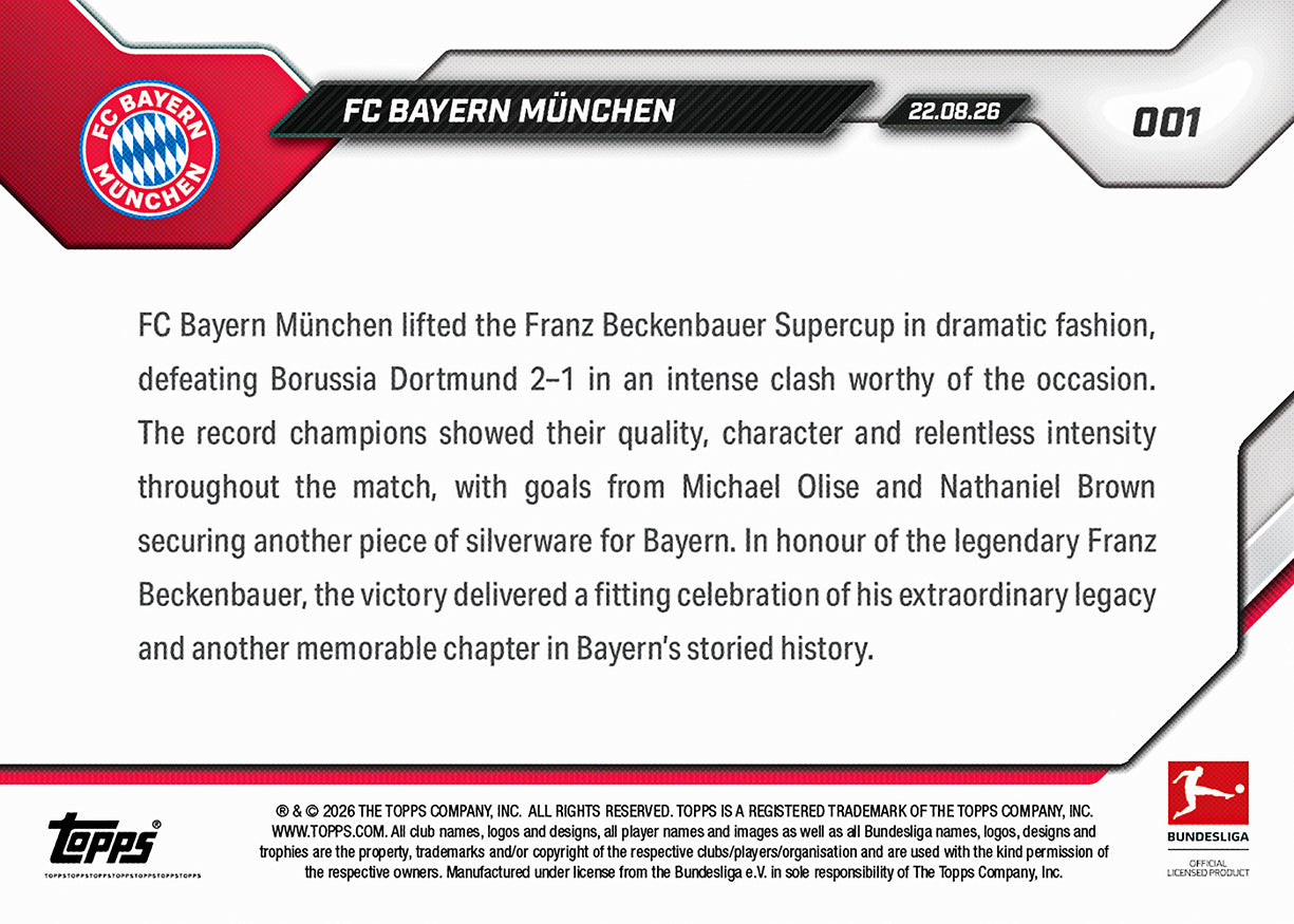 FC Bayern München - 2026/27 Bundesliga Topps NOW® #1 球季紀念卡【團購】