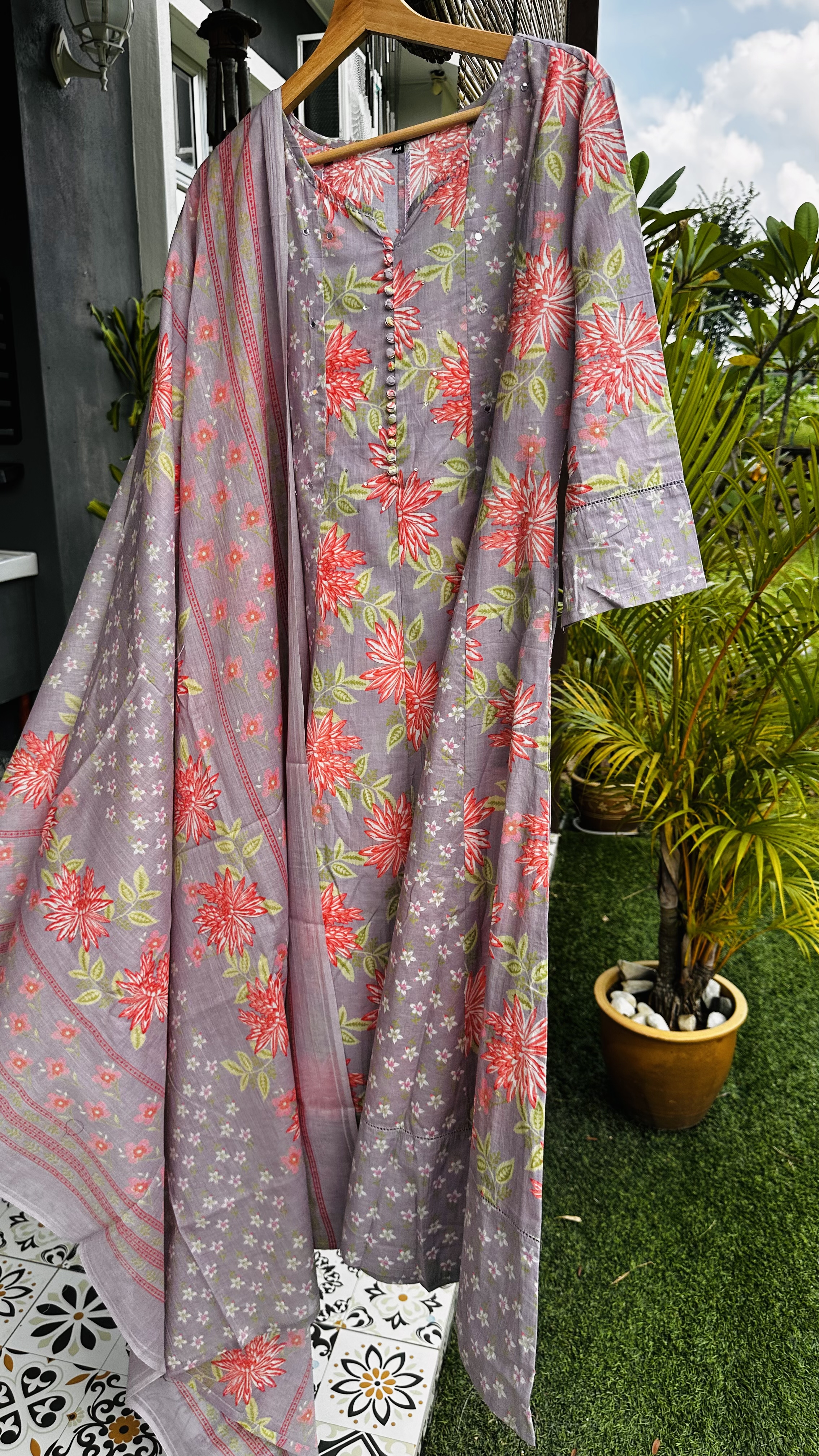 Lilac flower print Anarkali Kurta Set