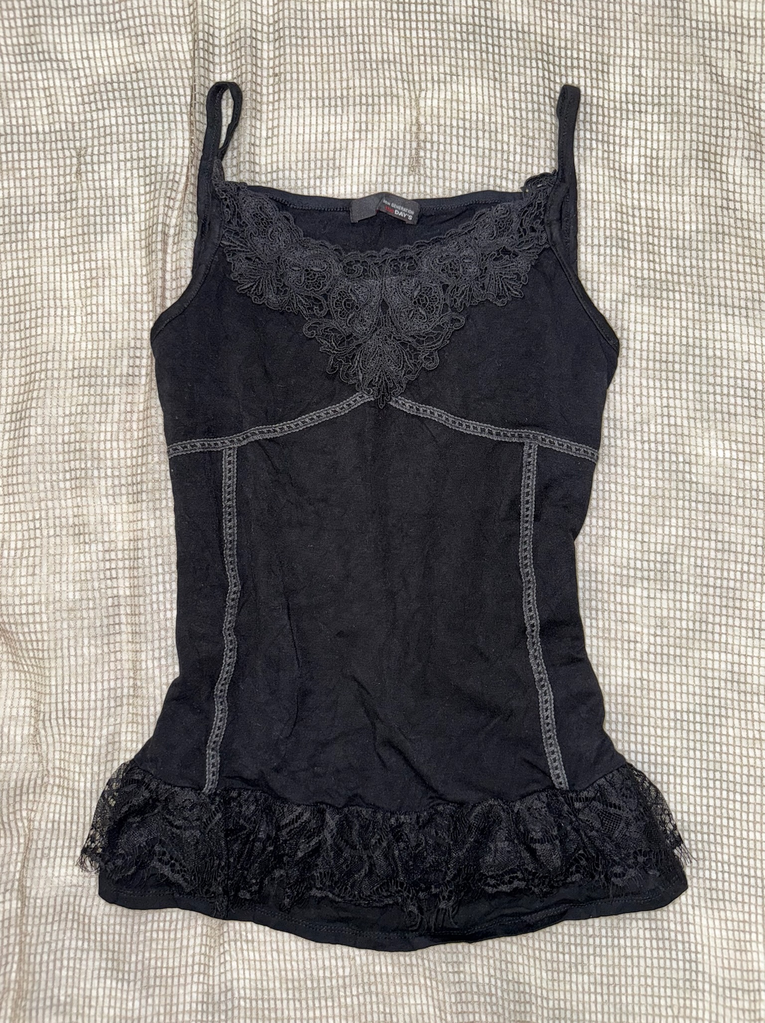 Grunge Black Cami Top with Contrast Stitching & Lace