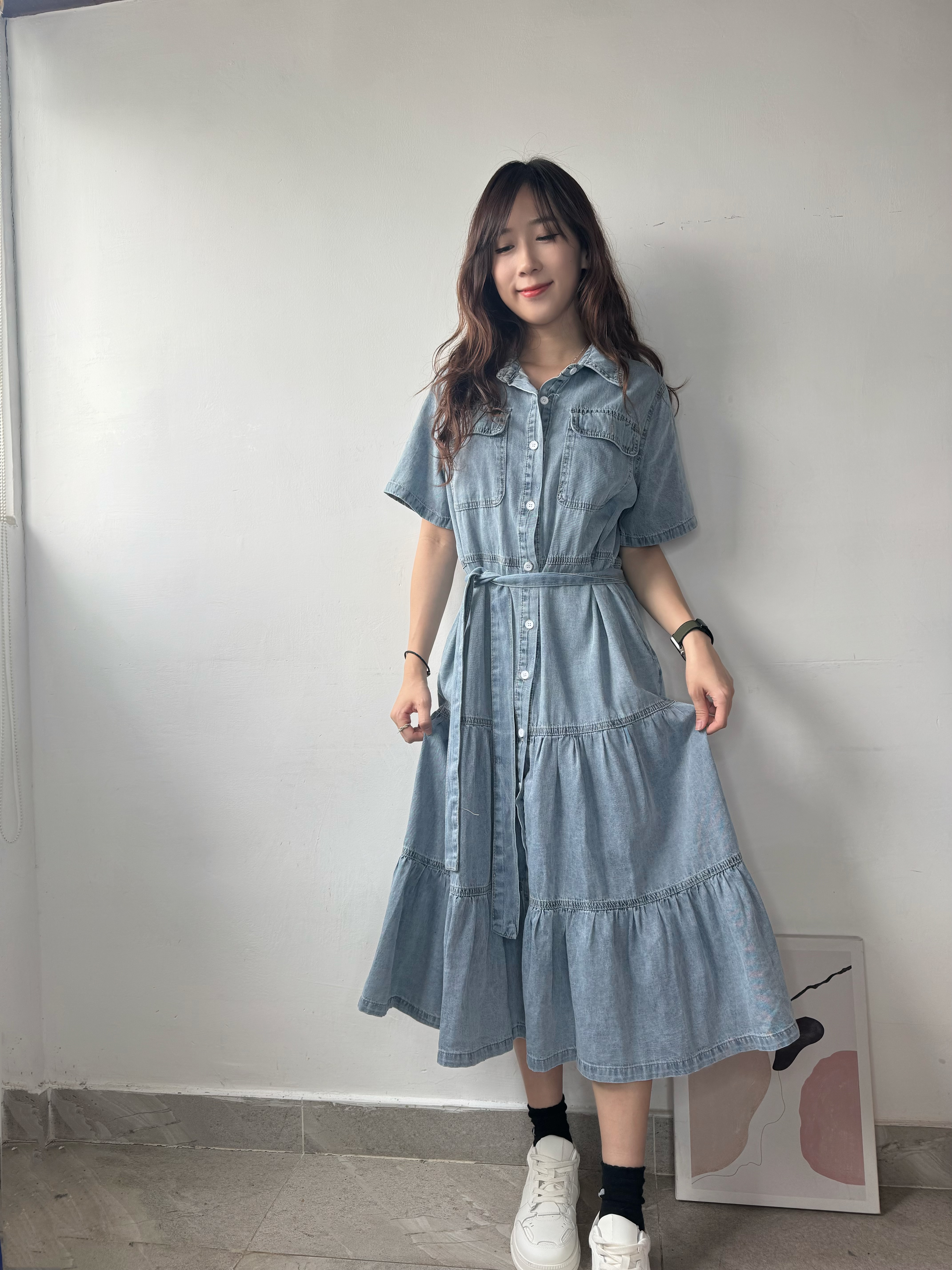 牛仔綁腰連身裙