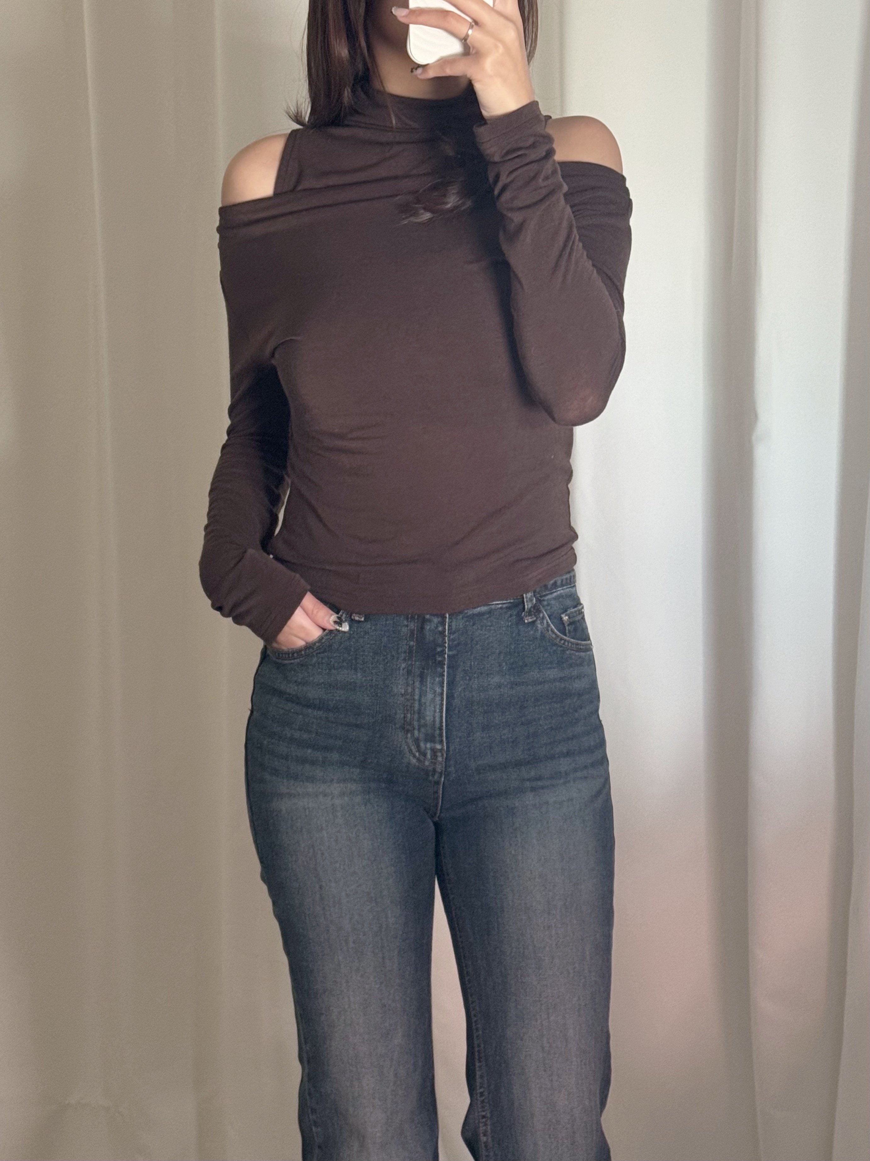 韓系高領露膊長袖上衣(三色入)