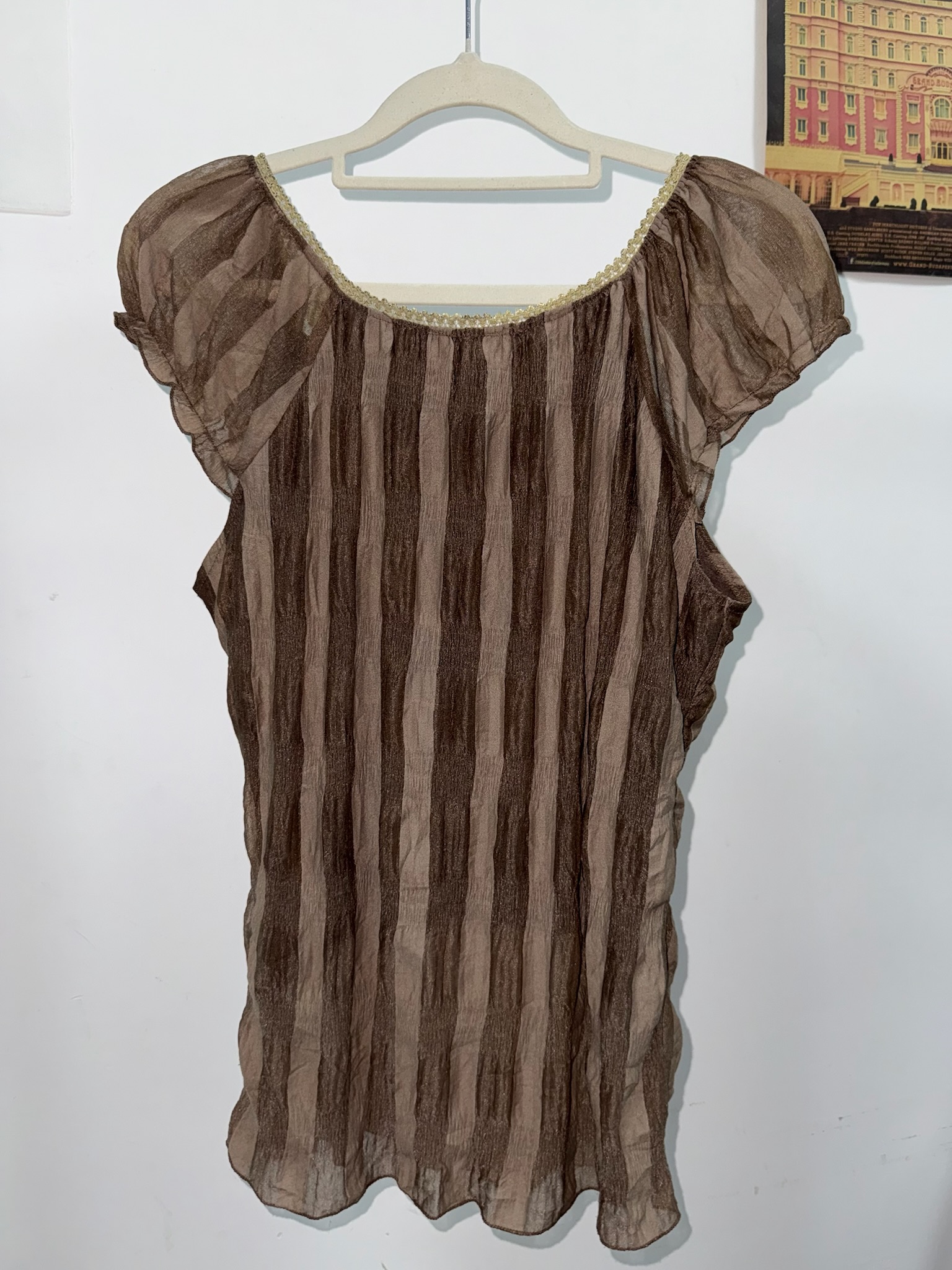 Vintage Brown Tiered Chest Ruffles Striped Crinkled Blouse