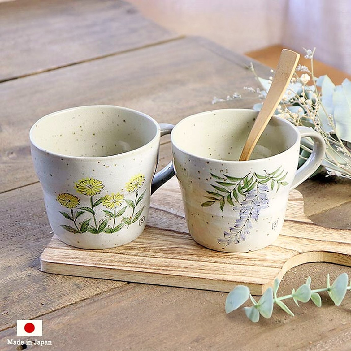 【日本製】美濃燒陶瓷手繪蒲公英+紫藤花馬克杯套裝 (330ml)