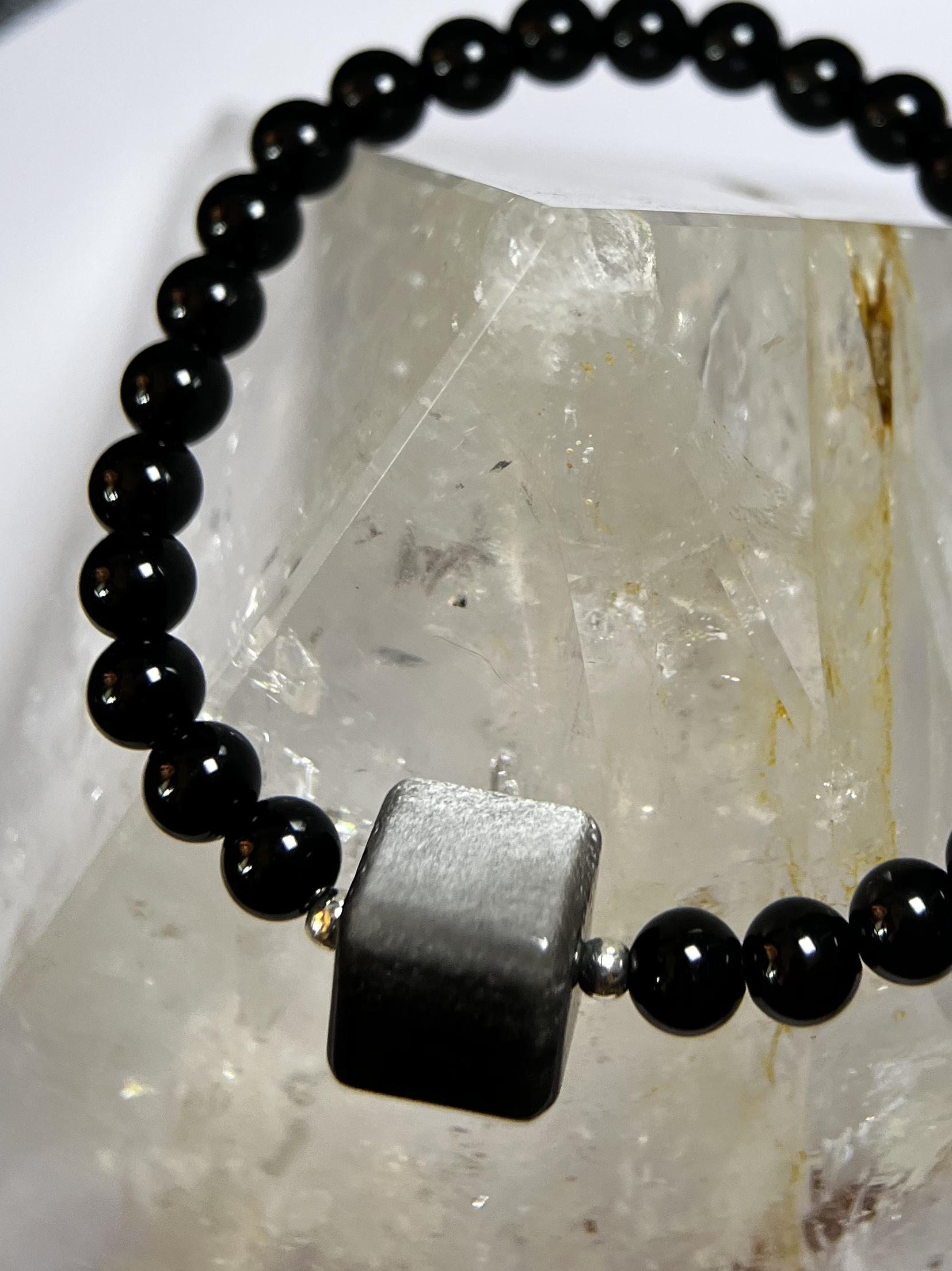 29B162手鏈｜黑曜石+方形銀曜石
