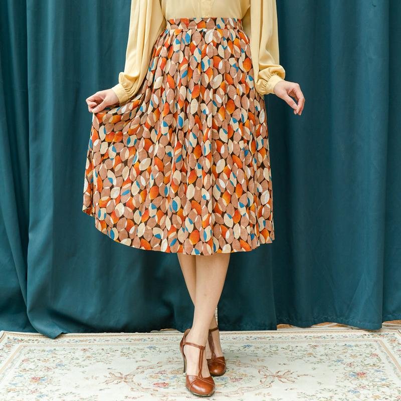 Vintage 1970s Abstract Leafy Pattern Autumn Tone Skirt - Waist 27~27.5" (MT1606-35)