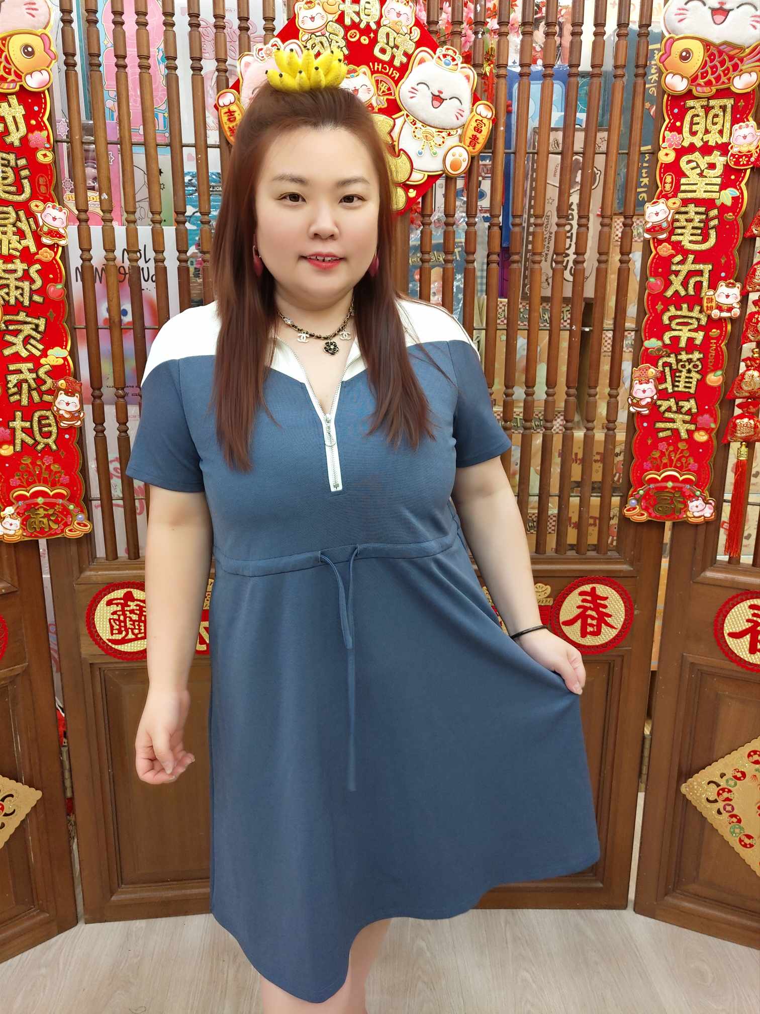 NBD08 CL181507 拼色拉链束腰连体裙