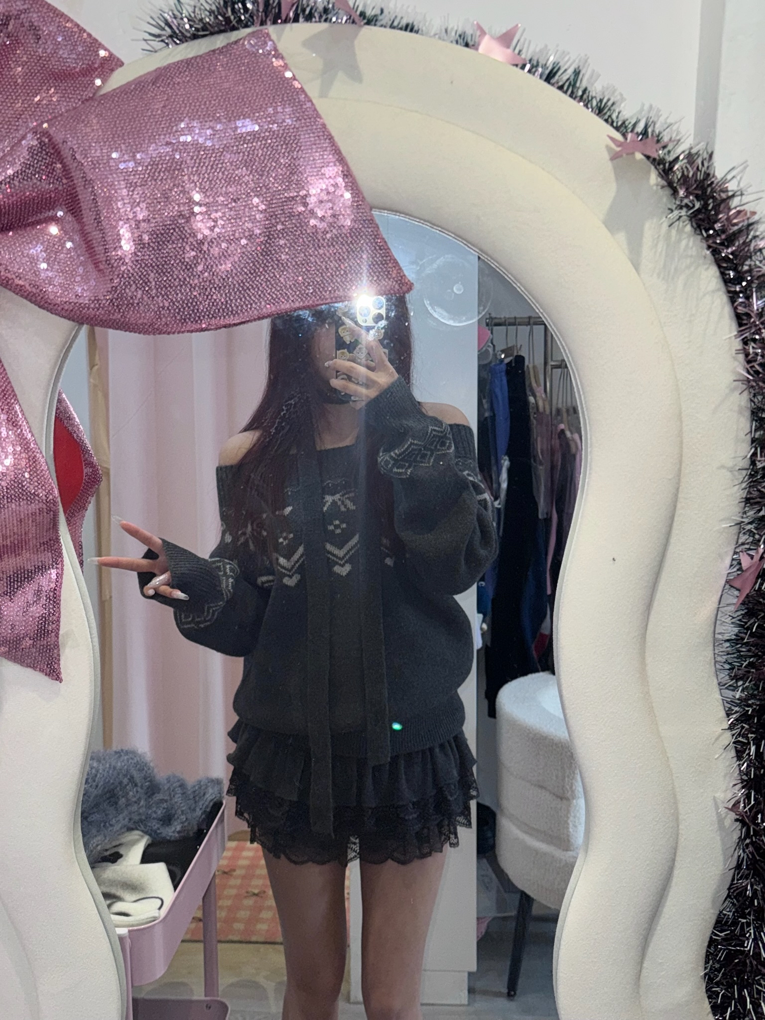 韓國甜美風一字膊蝴蝶結毛衣+掛頸巾