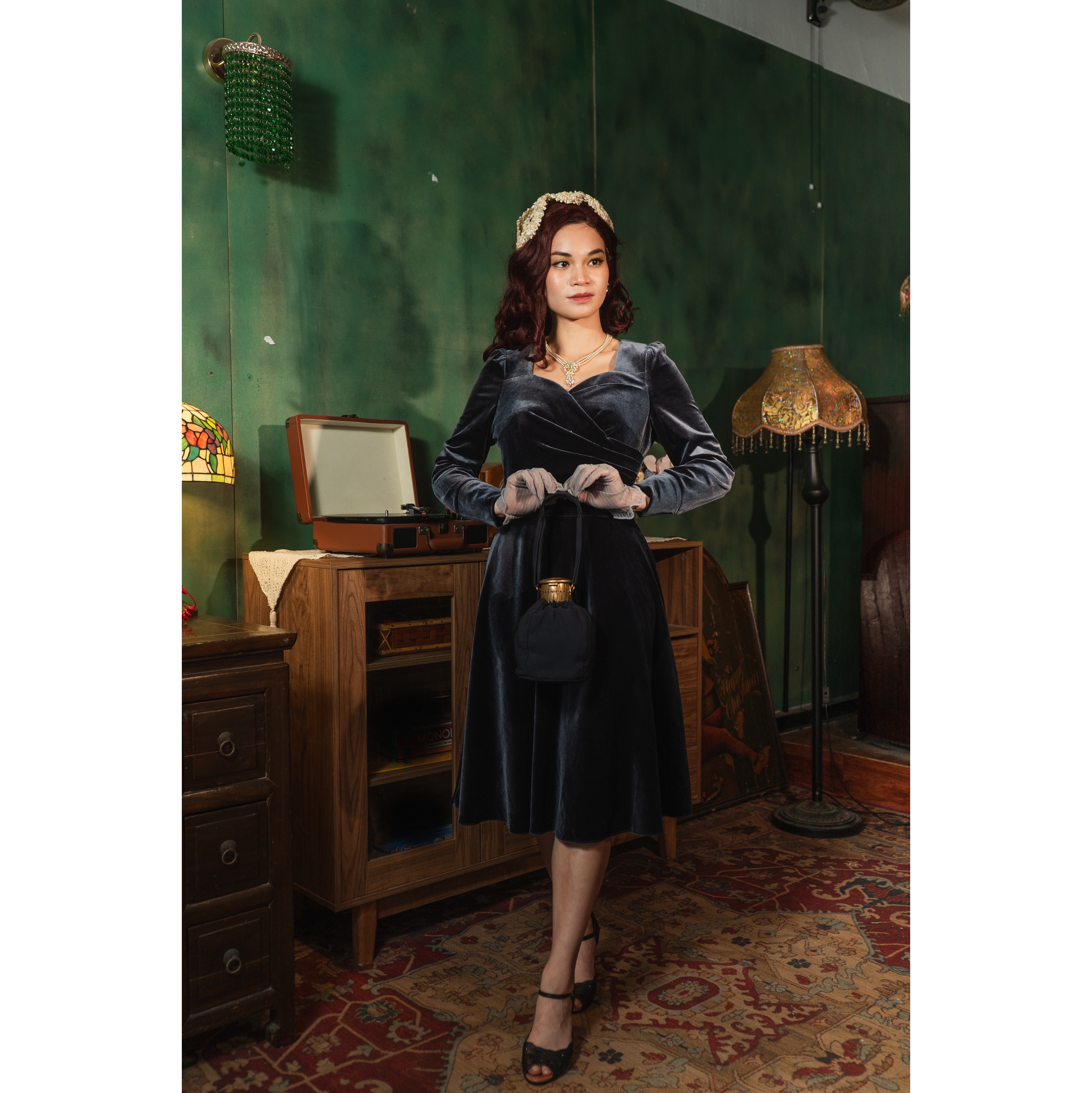 (Last M) Jewel Velvet Collection Sweetheart Wrap Swing Dress -Grey Moonstone (FM204)