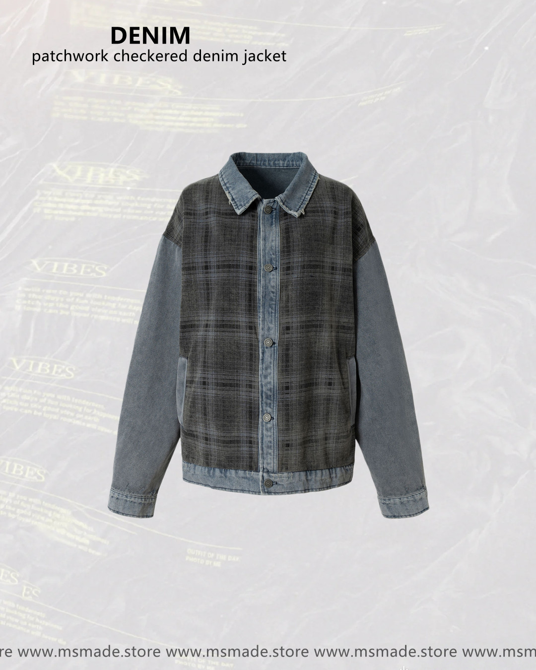 M2622格紋拼接水洗牛仔外套