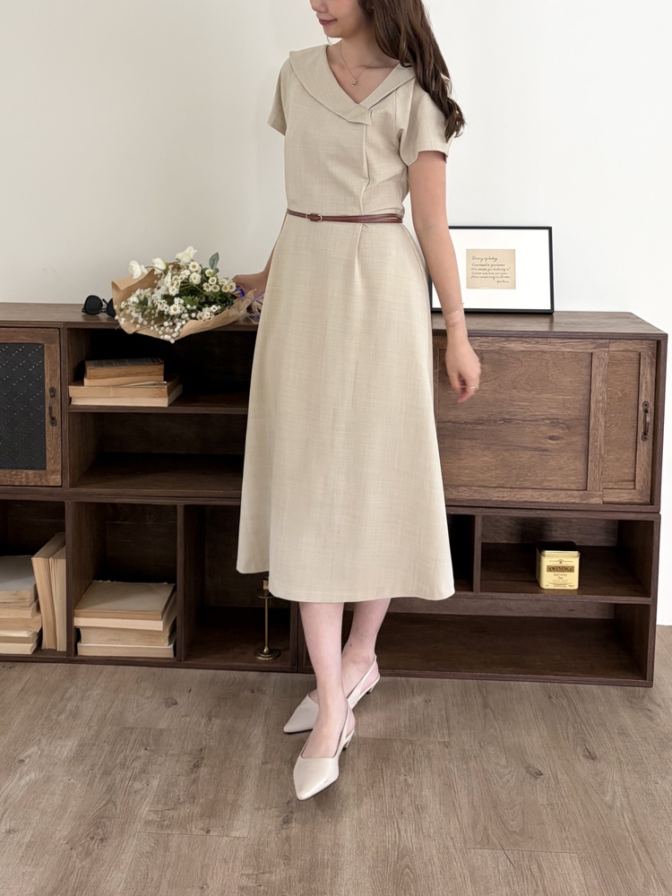 Sailor Collar Belted Dress (Beige)