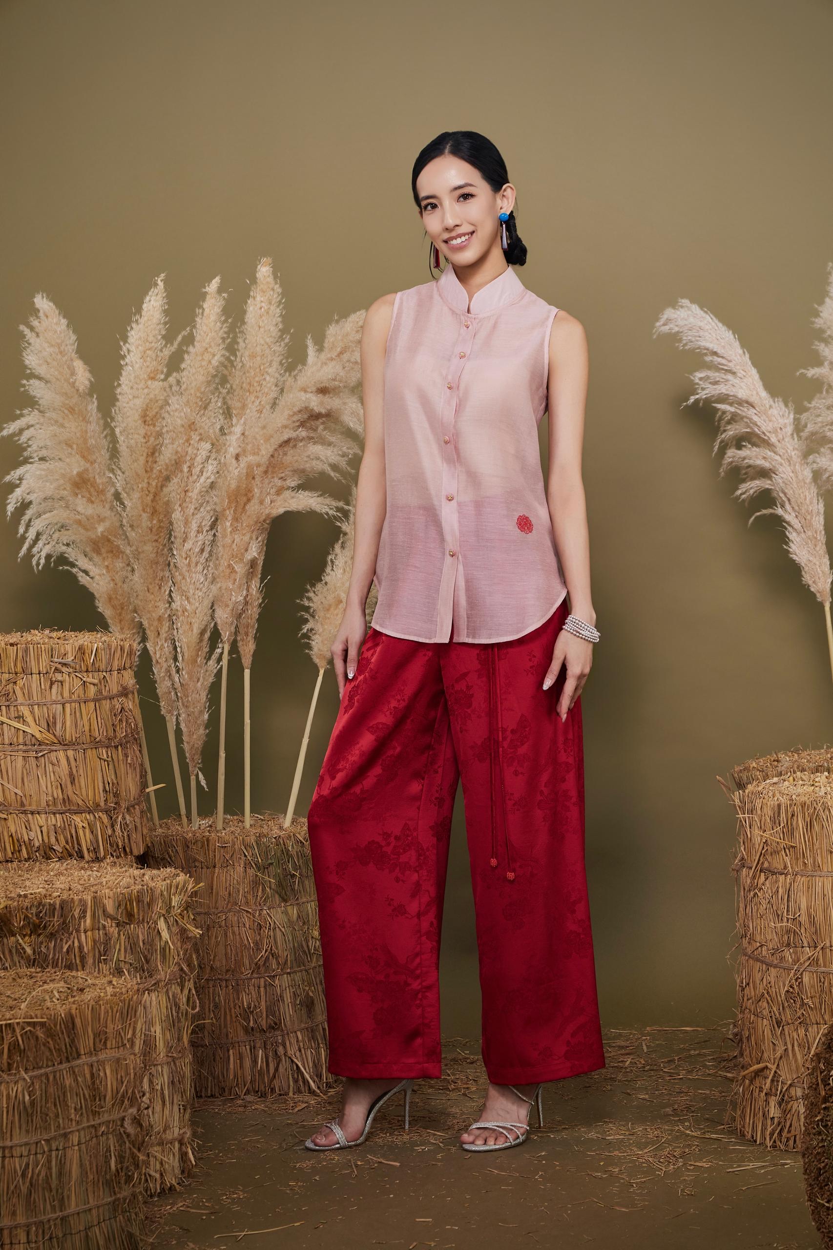 CB2784 Mandarin Collar Sheer Sleeveless Blouse