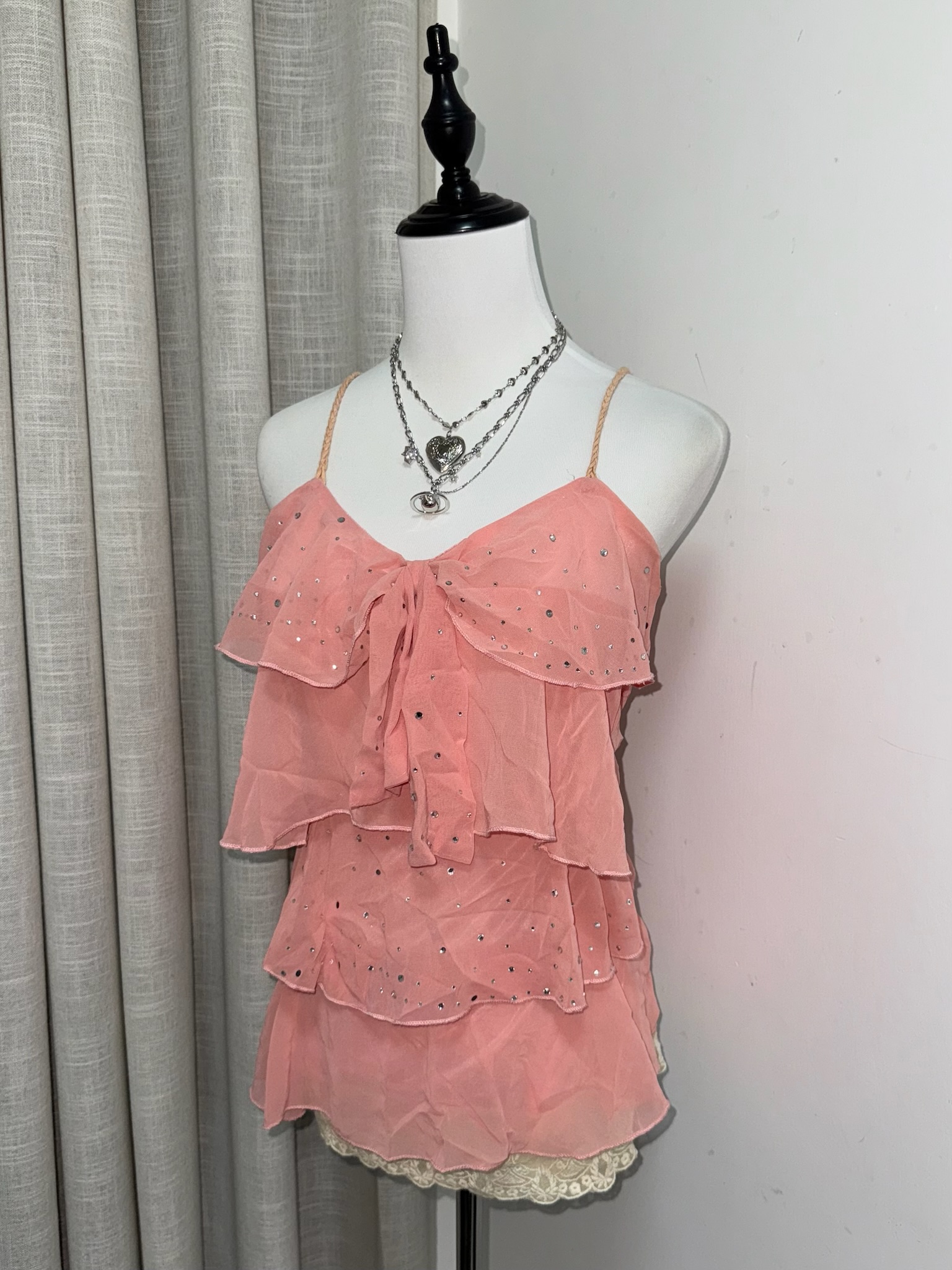 Pink Tiered Chiffon Cami Top with Rhinestone Accents and Thin Straps