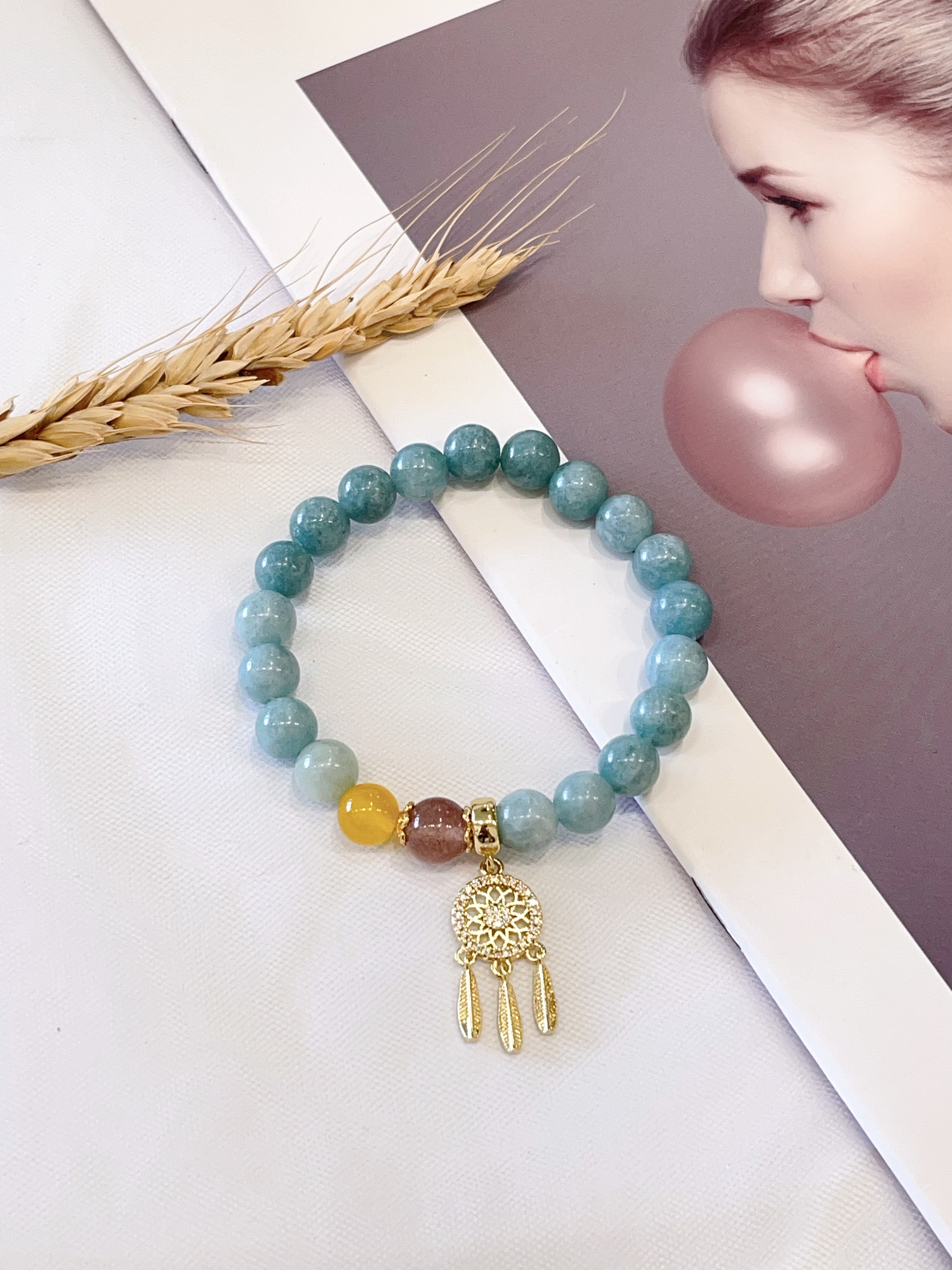 💎 蓝水翡翠 × 草莓晶 × 蜜蜡 × 铺梦网吊饰手串 Blue Jade, Strawberry Quartz, Beeswax & Dreamcatcher Charm | 8mm