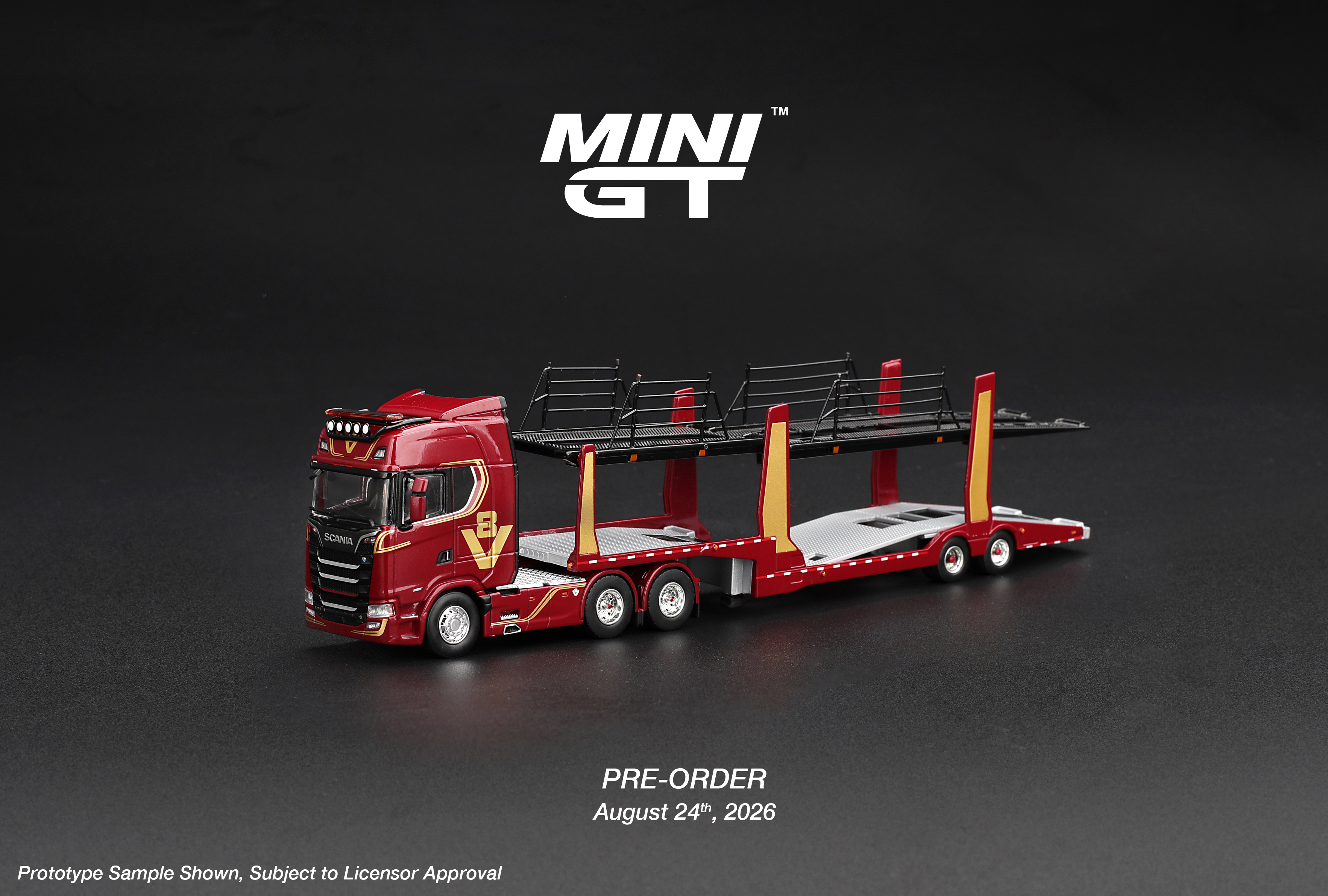 MINI GT 007 Scania 770S A6x4NA Car Transporter V8 50th anniversary + Car transporter Red ( MGT01350-R ) MINIGT