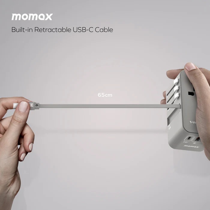 Momax 1-World+ 70W GaN 3插口及內置伸縮USB-C充電線旅行插座(黑色)