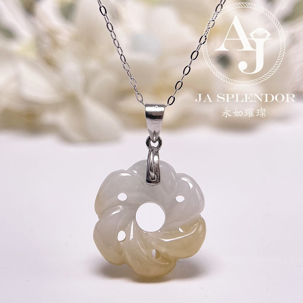 JN-2735 天然翡翠A玉-糖環花開富貴立體雕花吊墜（送銀鏈）
