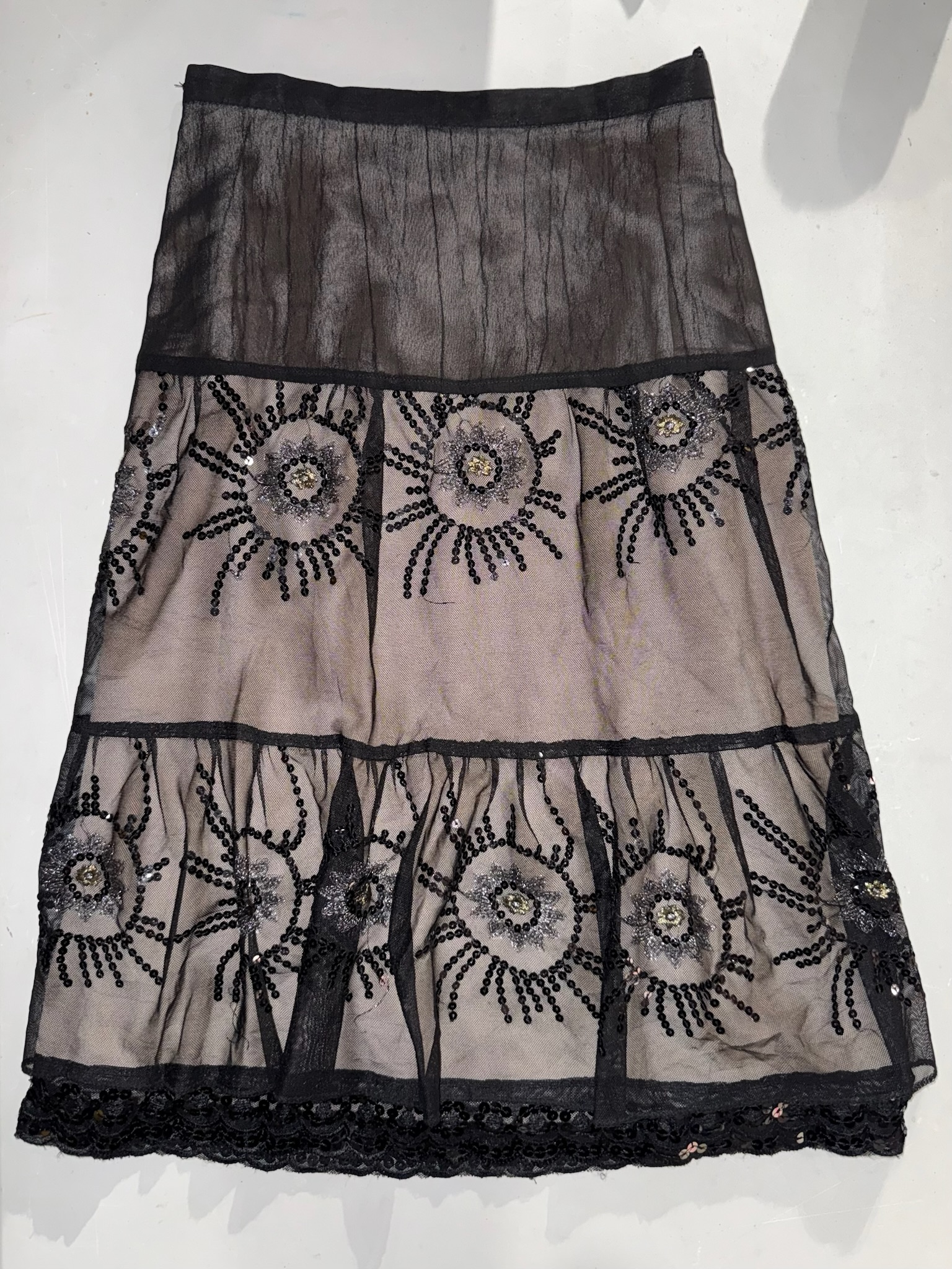 Black Sequin Sunburst Embroidered Tiered Mesh Skirt