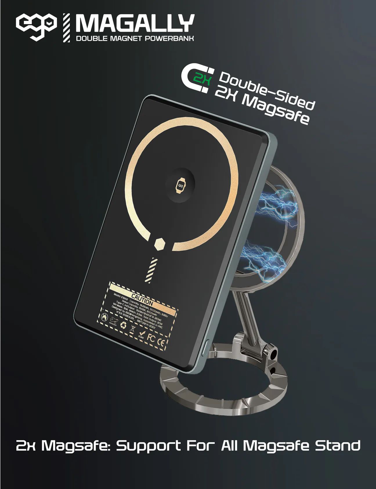 EGO Magally 5000mAh 雙面磁吸無線充電移動電源，兼容 Qi2 和 iWatch