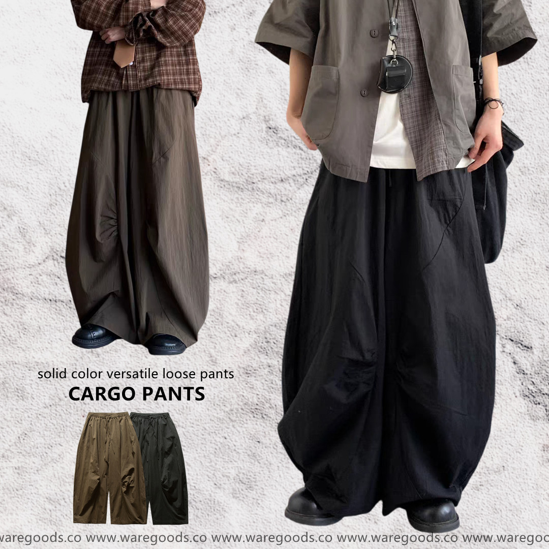 W6011鬆身闊腳純色工裝褲