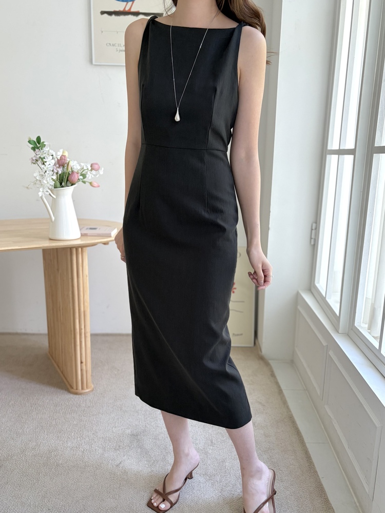 Linen Blend Twisted Strap Dress (Black)