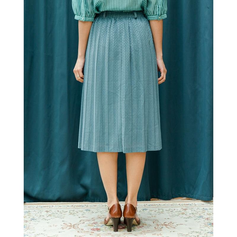 Vintage Japanese Elastic Waist Band Turquoise Textured Fabric Pleated Skirt (MT1606-21)