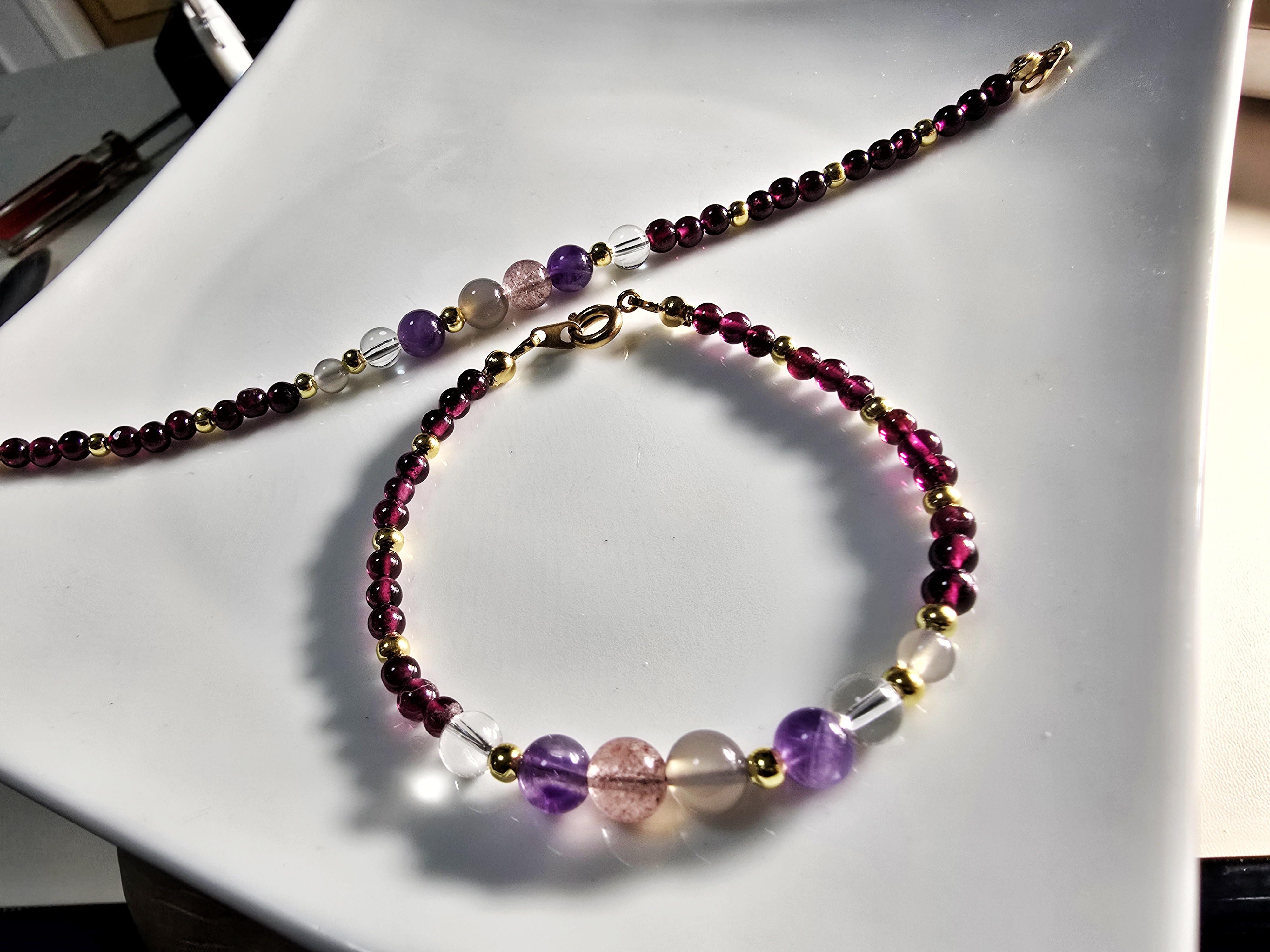 DIY0126-7 天然草莓 白水晶 紫水晶 灰瑪瑙 石榴石手鍊