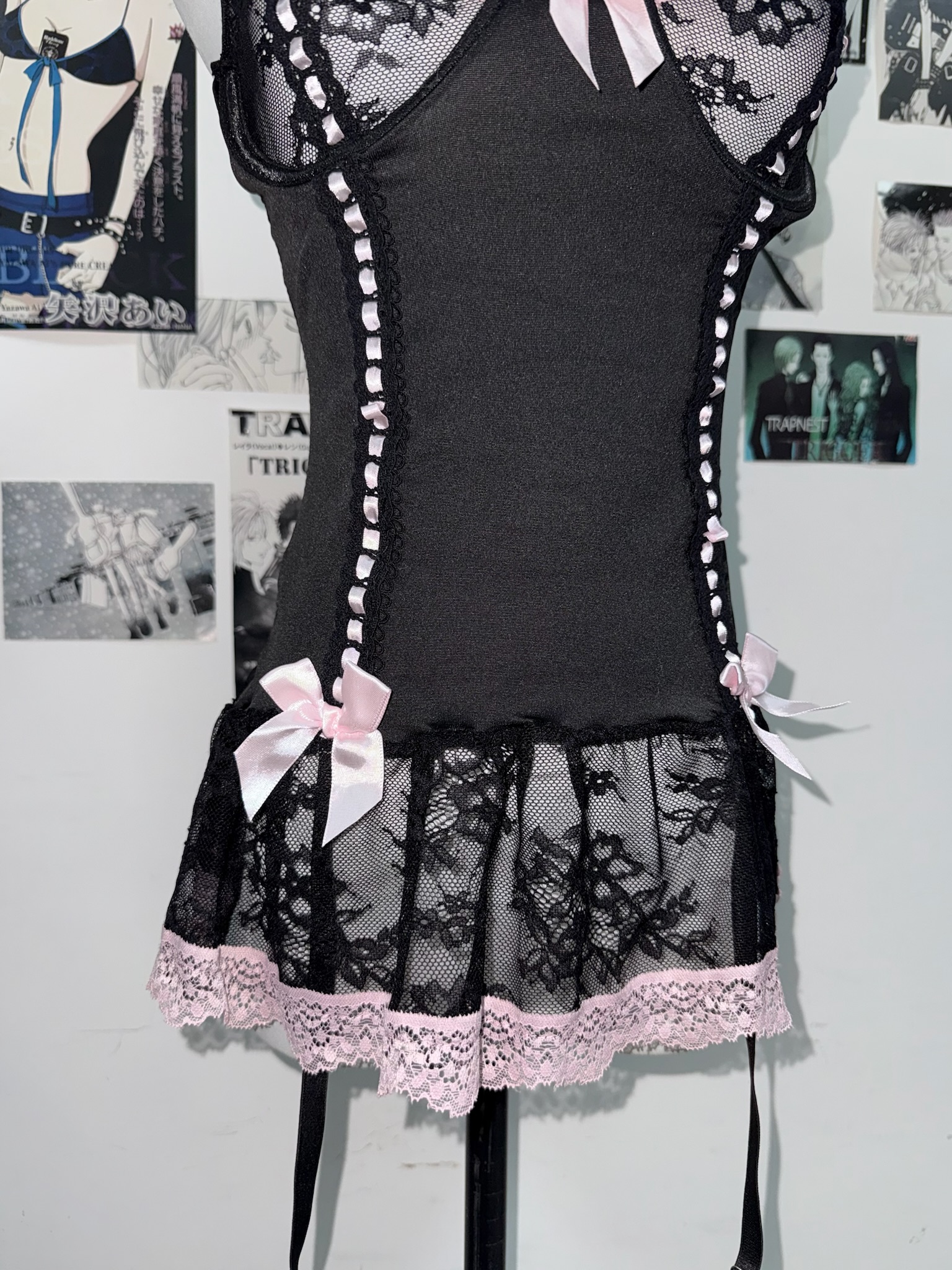 [On sale]Boudoir Ribbon Black Corset with Pink Lace Trim