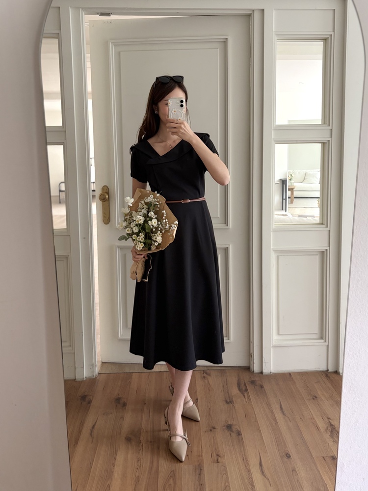 Sailor Collar Belted Dress (Black)