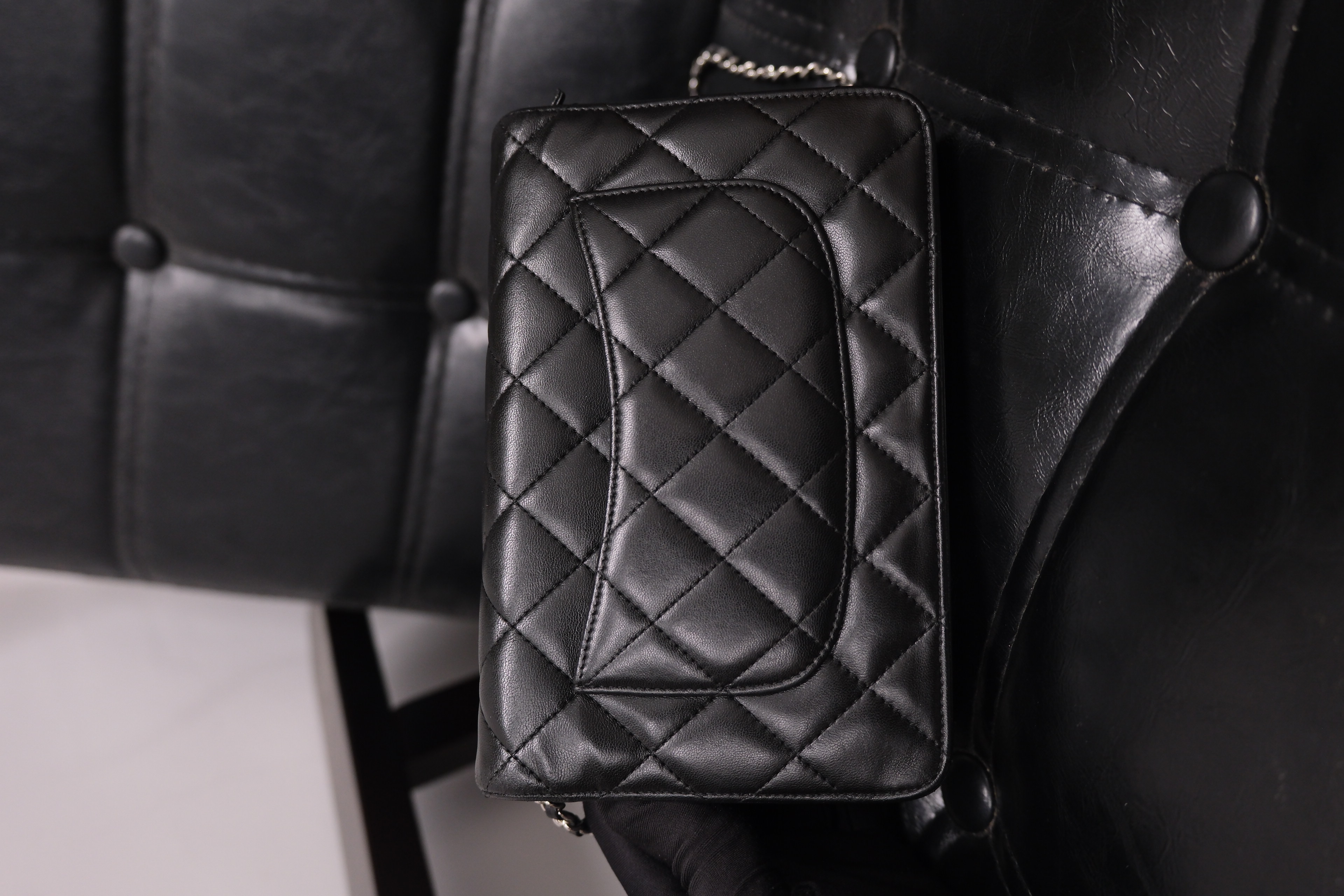 Chanel Lambskin Chain Wallet Black Silver 