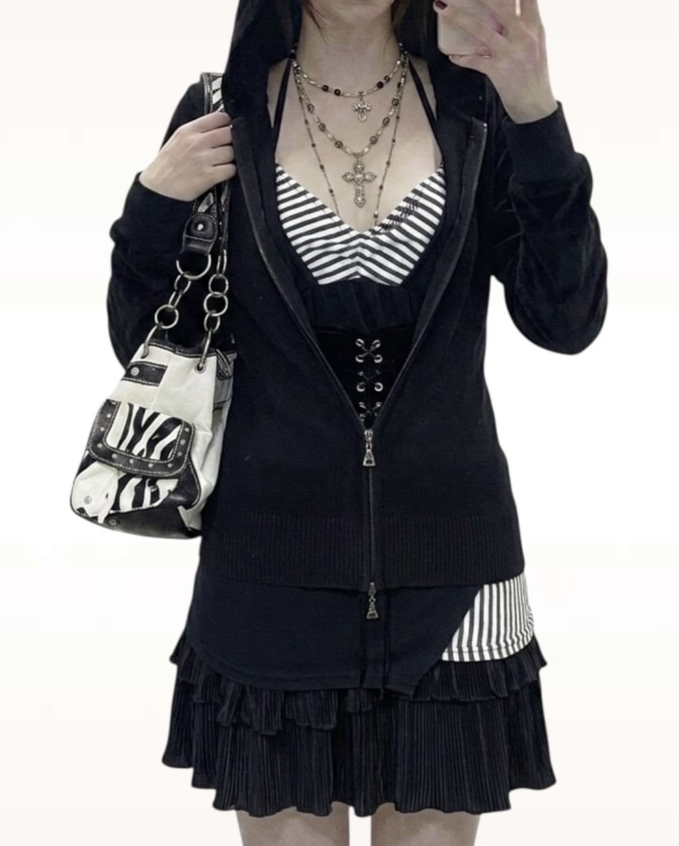 Striped Long Vest Zipper Hooded Jacket Set