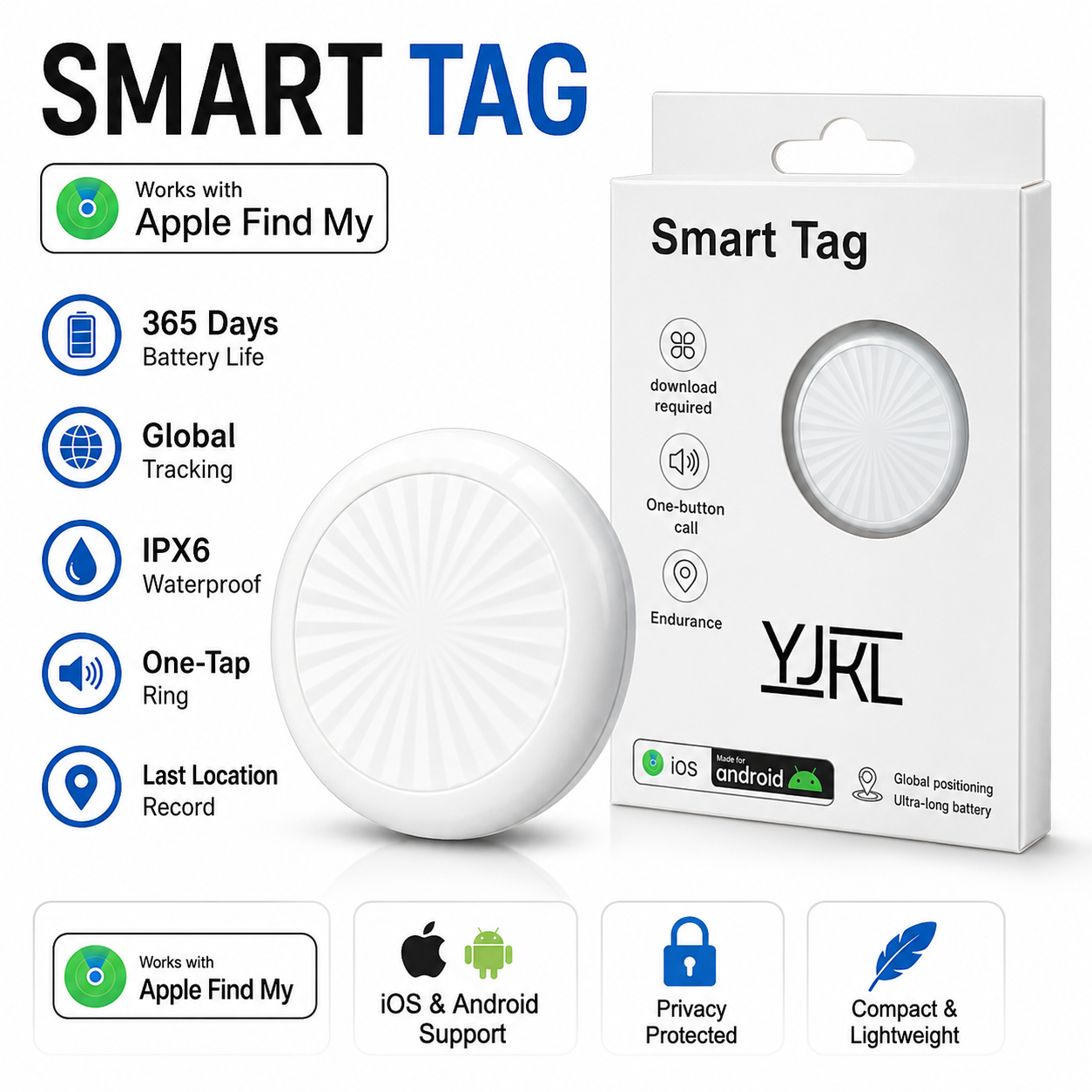 YJKL Smart Bluetooth Tracker | Works with Apple Find My | 365+ Days Battery Life | GPS Item Locator