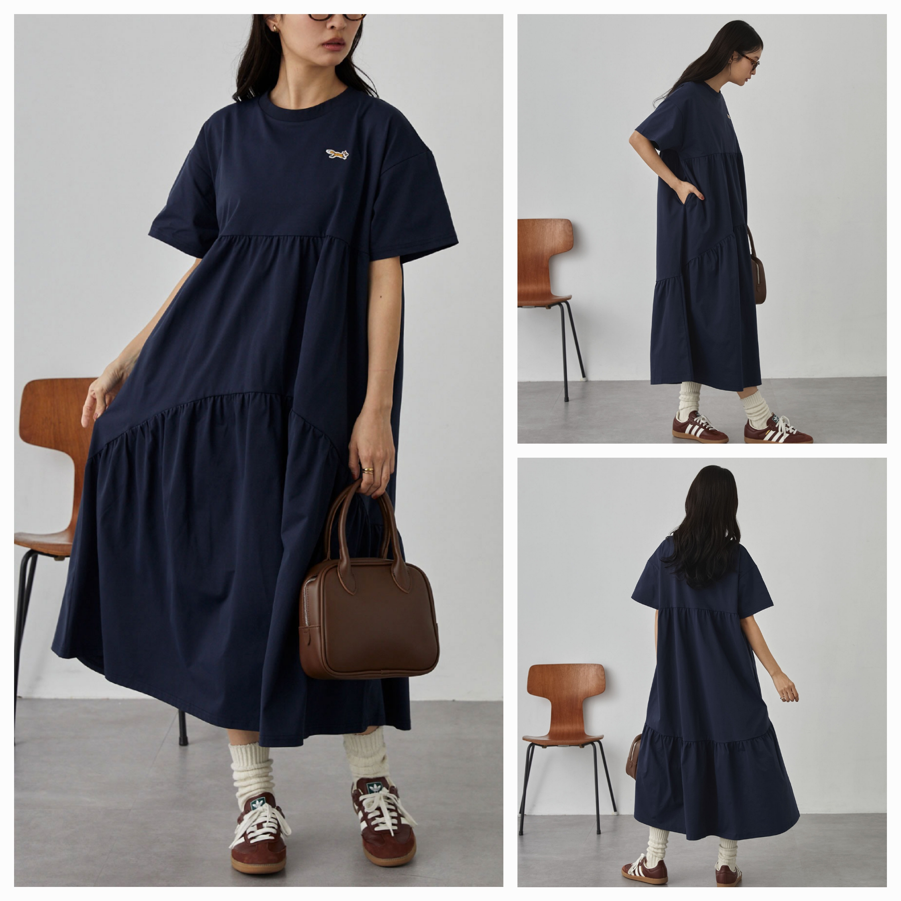 【✨️日本🇯🇵 pre-order 刺繡logo蛋糕連身裙✨️】 【共7色 | Free Size | 黑色/灰色/啡色/海軍藍/粉藍/紅色/黑白間條】