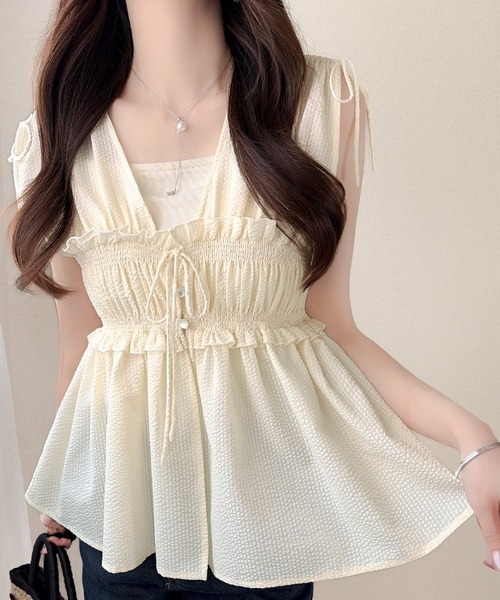 袖緞帶褶襉背心【JT039】