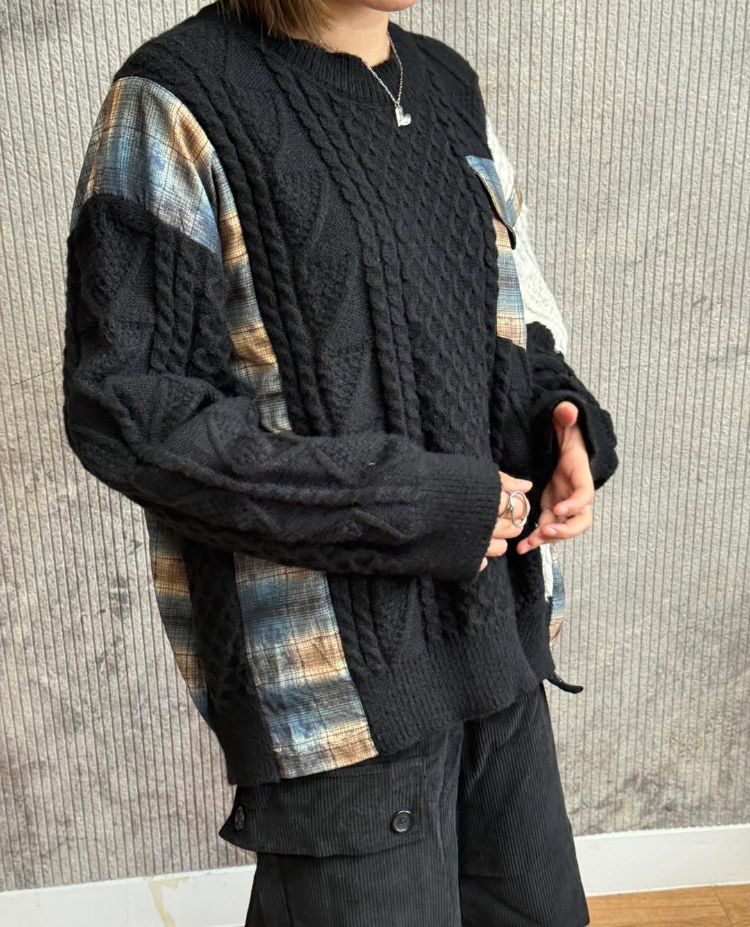 格子布拼針織上衣