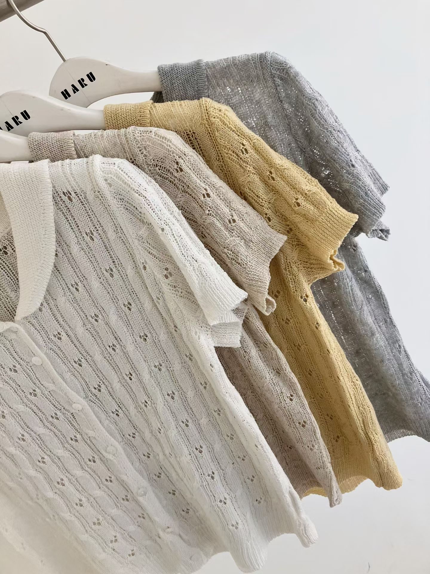 HA13 鏤空勾花小翻領短袖針織上衣