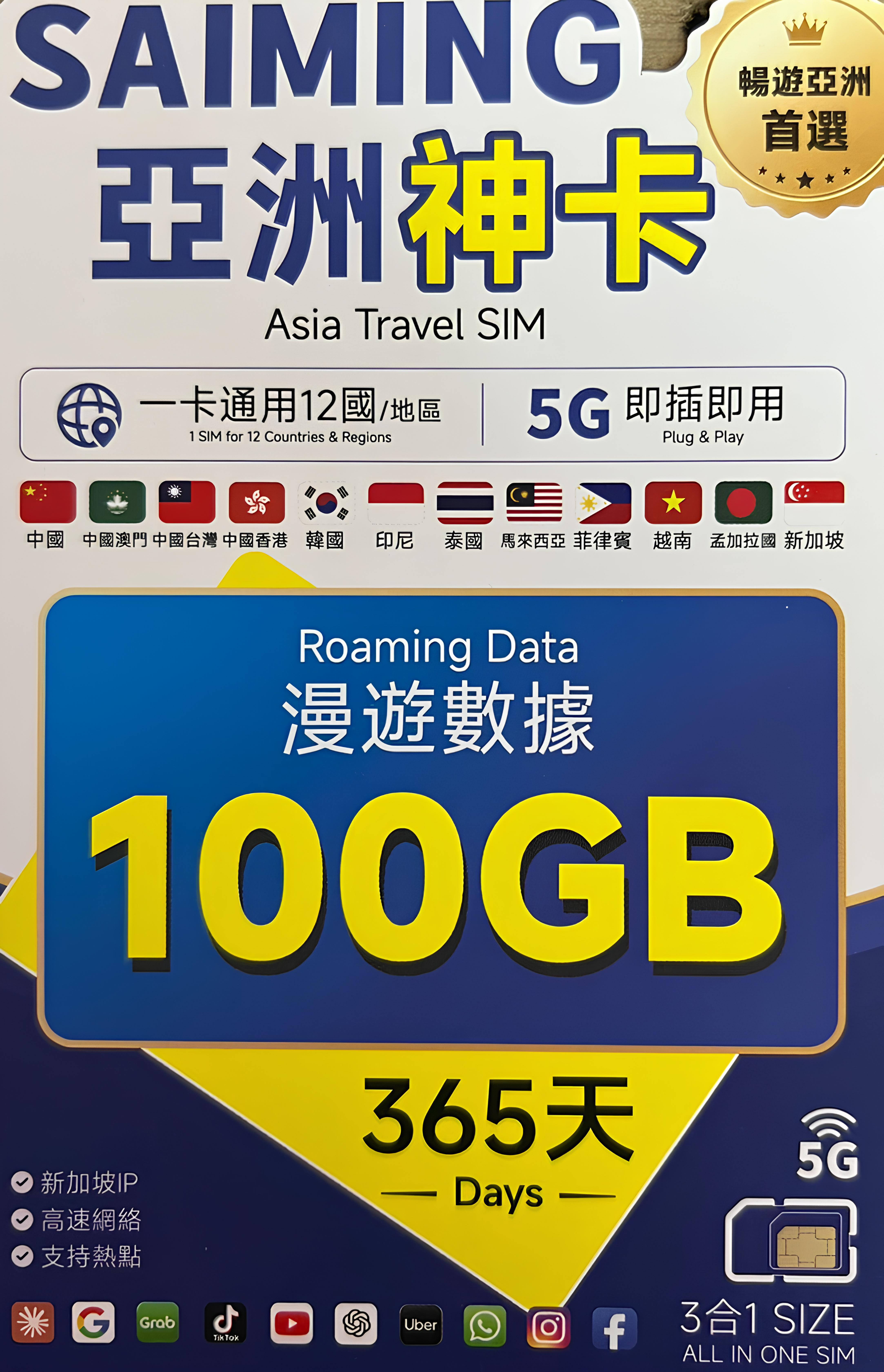 年卡系列 SAIMING 亞洲12國 5G 上網年卡 (香港/中國/澳門可直連ChatGPT等AI)
